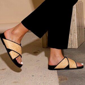 James Smith La Sponda Two-Tone Leather Natural Woven Raffia Slides Shoes sandals